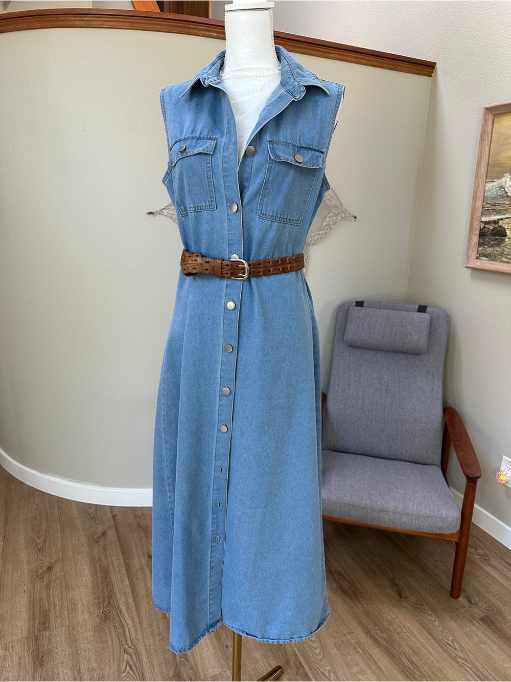 Sleeveless Button-Front A line fit in flare stretchy Denim midi Dress - Picture 1 of 10